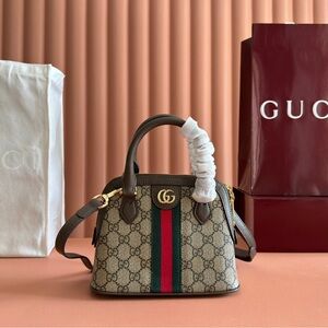 Gucci Mini Top Handle Bag in Beige Brown with Green-Red Web Stripe